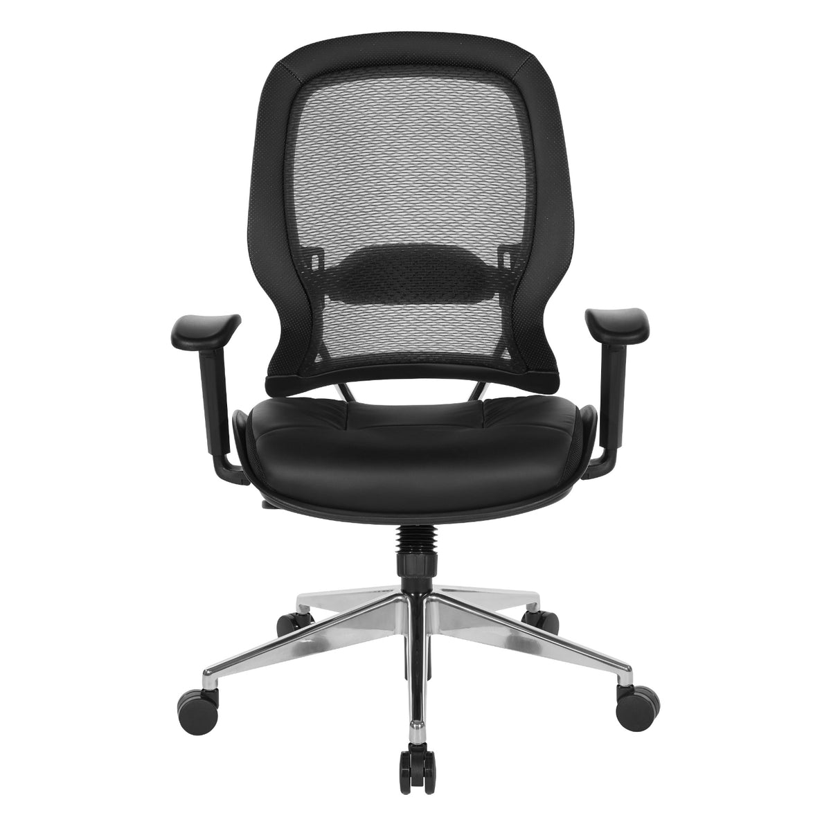 Air Grid® Back Chair with Black Bonded Leather Seat and Trim, Adjustable Arms, Adjustable Lumbar, and Angled Polished Aluminum Base