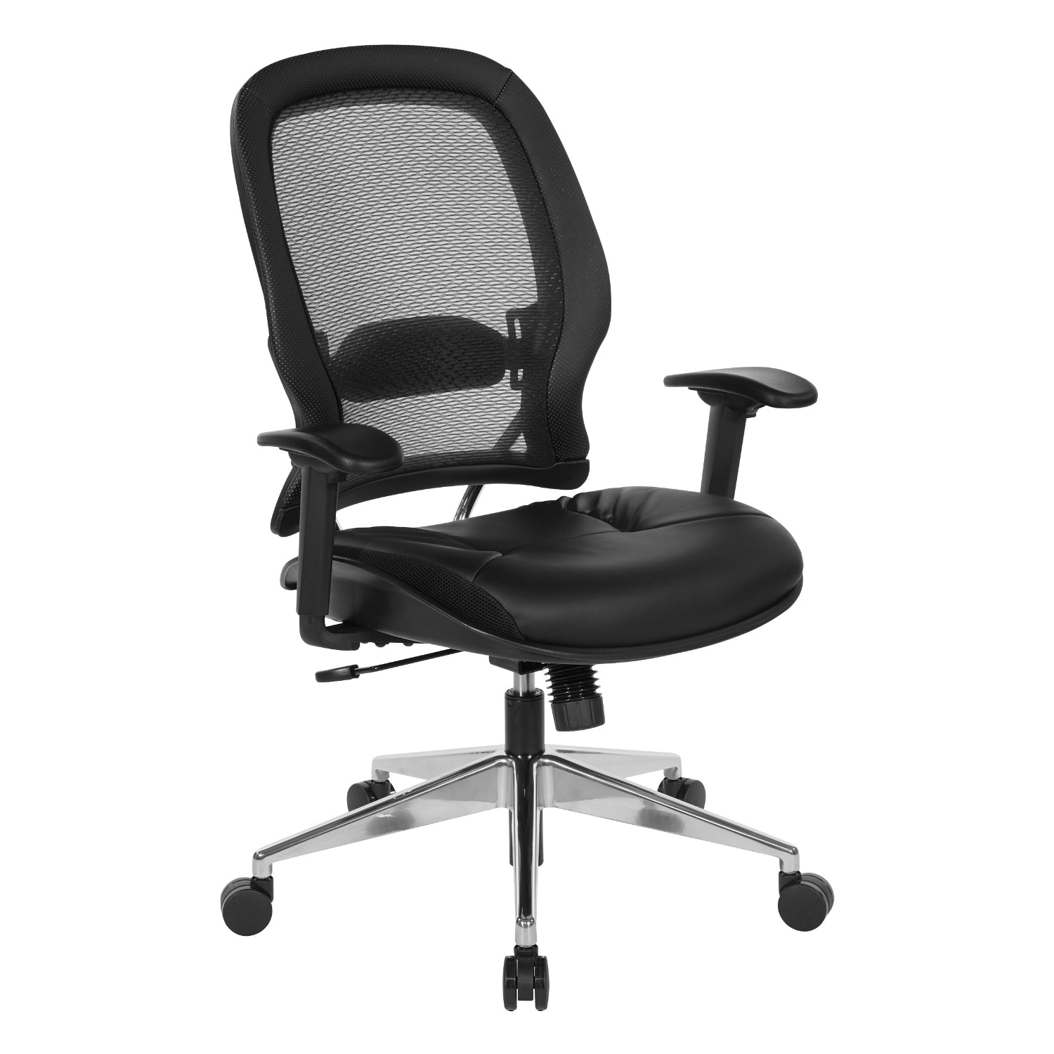 Air Grid® Back Chair with Black Bonded Leather Seat and Trim, Adjustable Arms, Adjustable Lumbar, and Angled Polished Aluminum Base