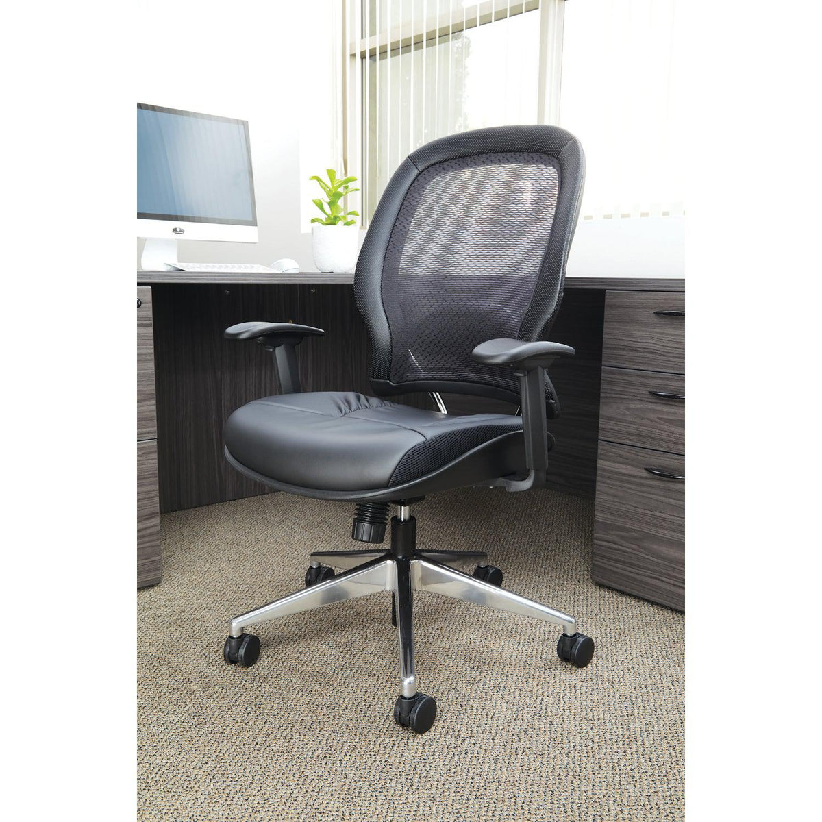Air Grid® Back Chair with Black Bonded Leather Seat and Trim, Adjustable Arms, Adjustable Lumbar, and Angled Polished Aluminum Base
