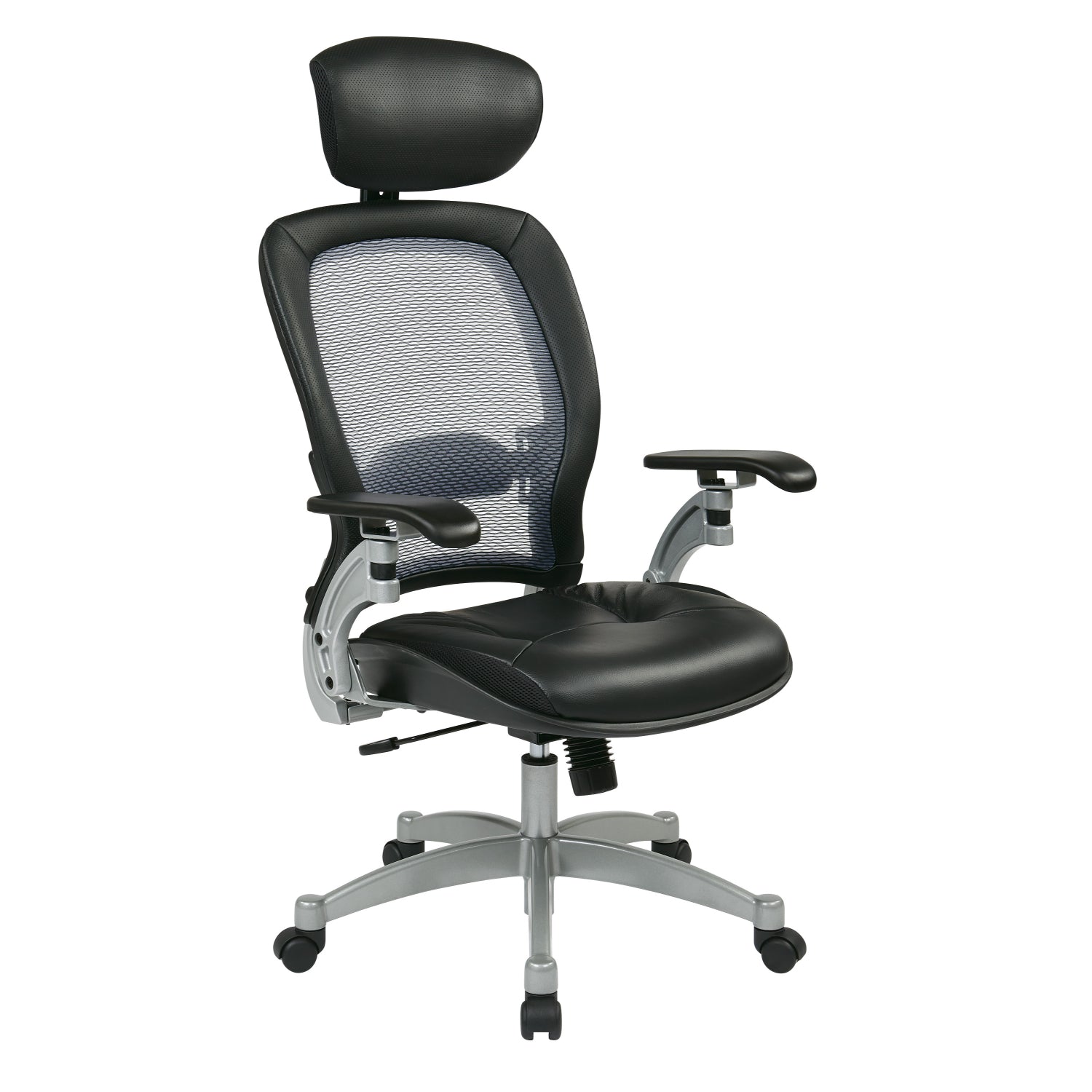 Light Air Grid® Back Executive Chair with Black Top Grain Leather Seat, Adjustable Headrest, Adjustable Lumbar and Platinum Finish Base