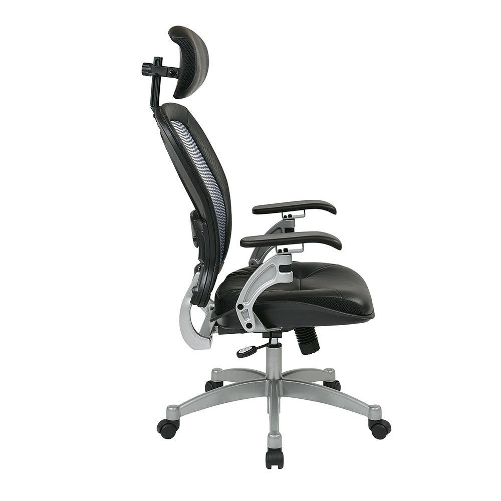 Light Air Grid® Back Executive Chair with Black Top Grain Leather Seat, Adjustable Headrest, Adjustable Lumbar and Platinum Finish Base