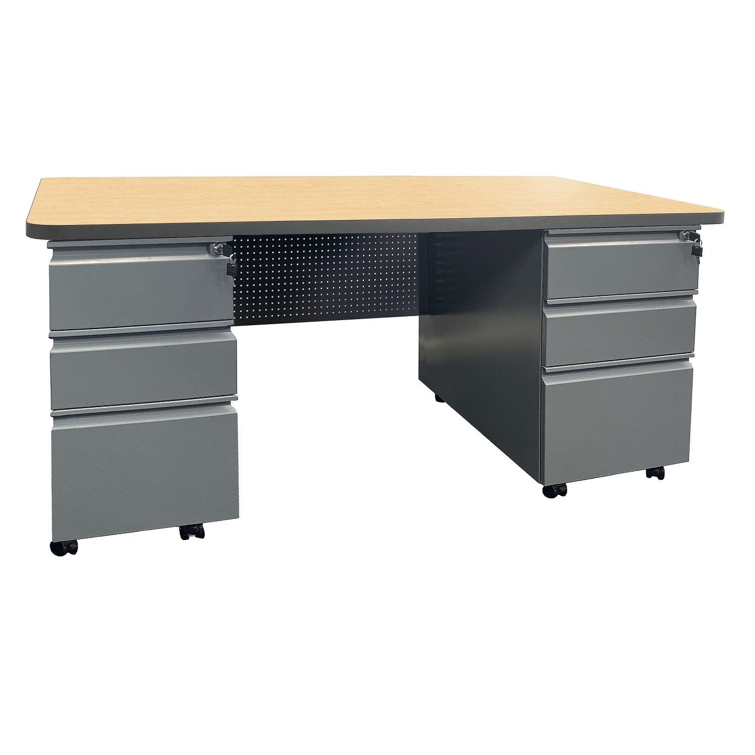 Mobile Double Pedestal Teacher/Administrator Desk with Rectangular Top, 24" x 67"
