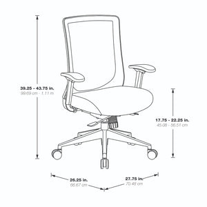 High Back Black Vertical Mesh Chair with Black Fabric Seat, Height Adjustable Arms, Seat Slider, and Angled Chrome Base