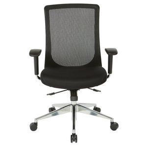 High Back Black Vertical Mesh Chair with Black Fabric Seat, Height Adjustable Arms, Seat Slider, and Angled Chrome Base