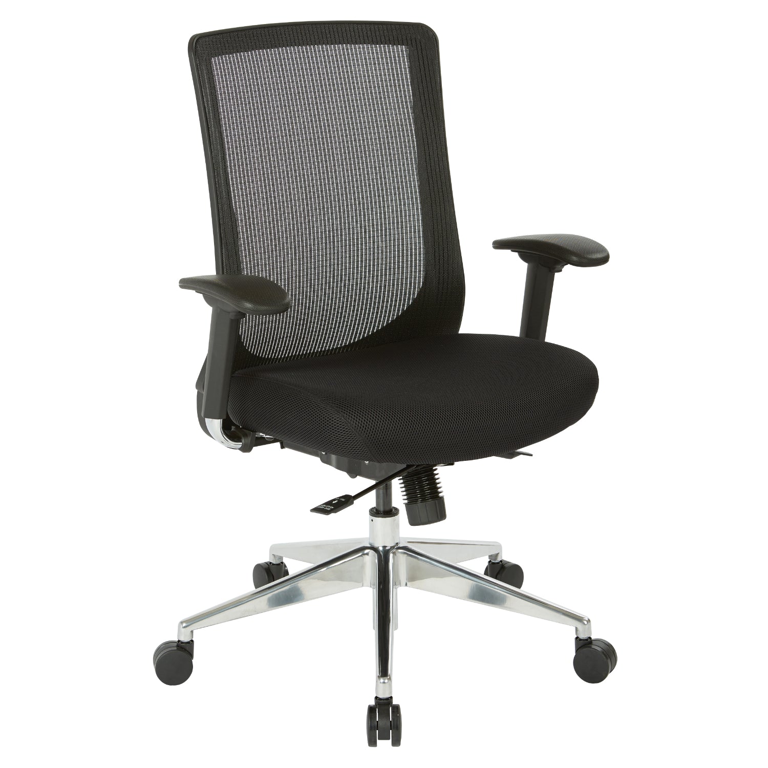 High Back Black Vertical Mesh Chair with Black Fabric Seat, Height Adjustable Arms, Seat Slider, and Angled Chrome Base