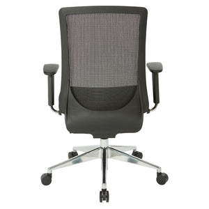 High Back Black Vertical Mesh Chair with Black Fabric Seat, Height Adjustable Arms, Seat Slider, and Angled Chrome Base