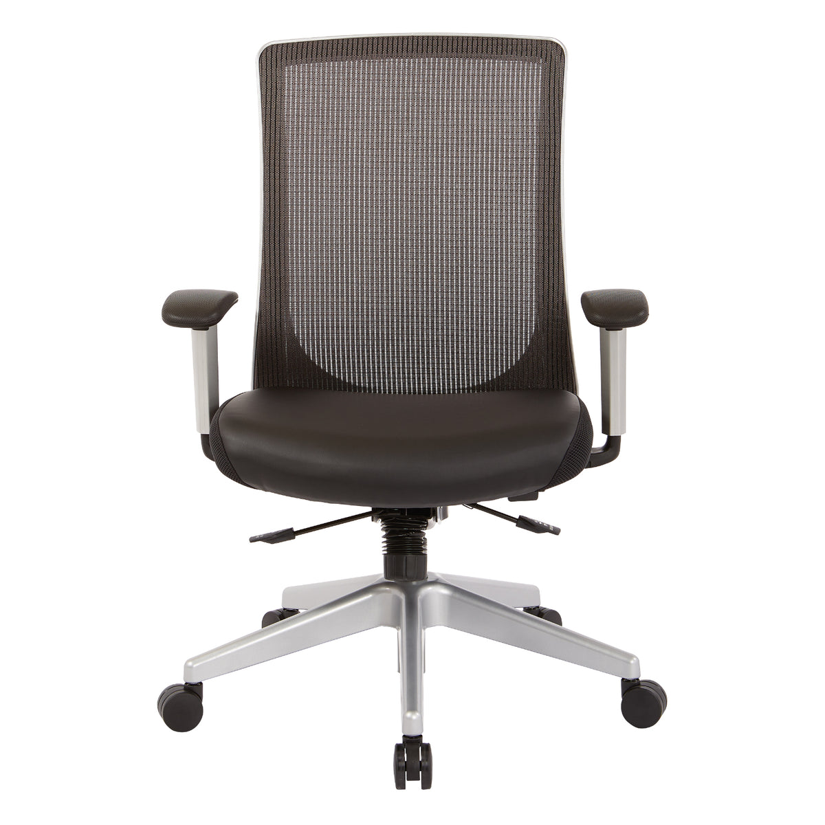 High Back Black Vertical Mesh Chair with Black Bonded Leather Seat, Height Adjustable Arms, Seat Slider, and Angled Silver Base