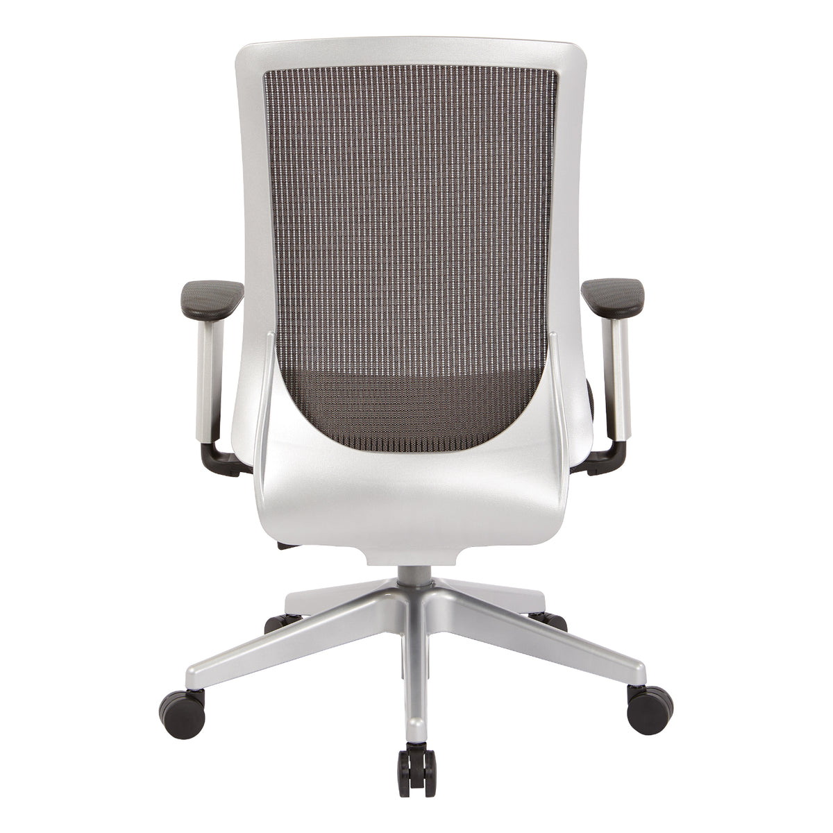 High Back Black Vertical Mesh Chair with Black Bonded Leather Seat, Height Adjustable Arms, Seat Slider, and Angled Silver Base