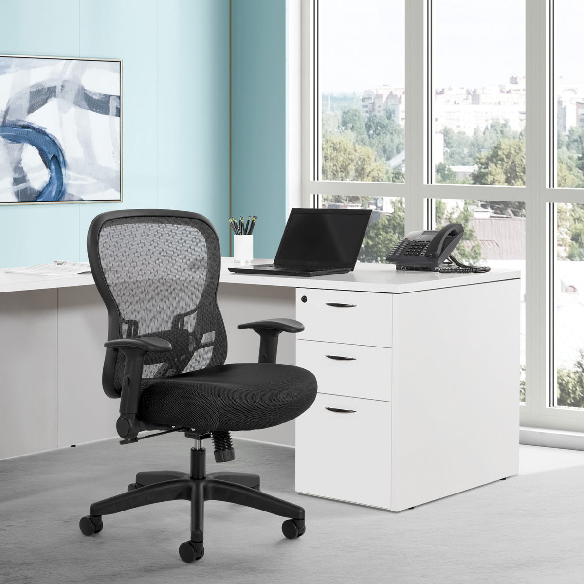 R2 SpaceGrid Back Chair with Memory Foam Black Mesh Seat, Height Adjustable Flip Arms, Adjustable Lumbar and Nylon Base