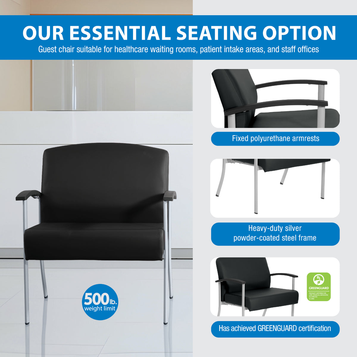Big & Tall Silver Ion Technology Healthcare Guest Chair, 500 lb. Capacity