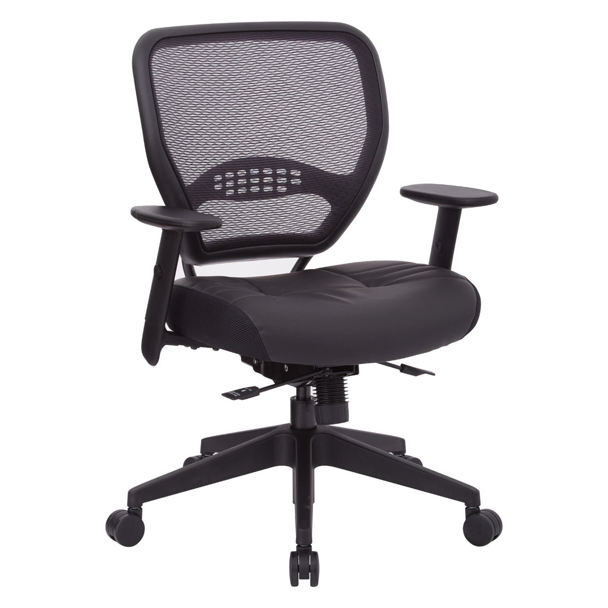 Air Grid® Back and Black Bonded Leather Seat Manager’s Chair with Adjustable Angled Arms, Seat Slider and Angled Nylon Base