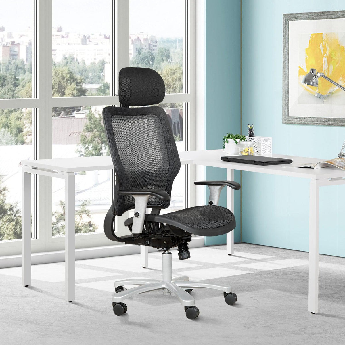 Big and Tall Air Grid® Seat and Back Manager's Chair with Adjustable Headrest, Adjustable Lumbar Support, 2-Way Adjustable Arms and Aluminum Silver Base