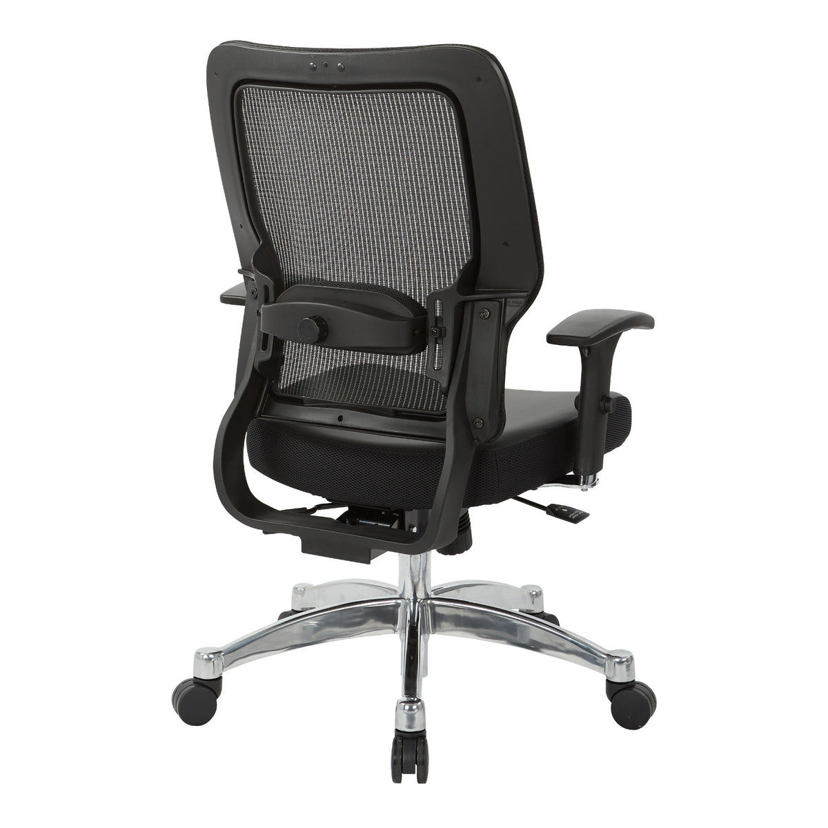 Black Vertical Mesh Back Manager's Chair with Black Bonded Leather Seat, Height Adjustable Chrome Arms, Height and Depth Adjustable Lumbar Support and Polished Aluminum Base