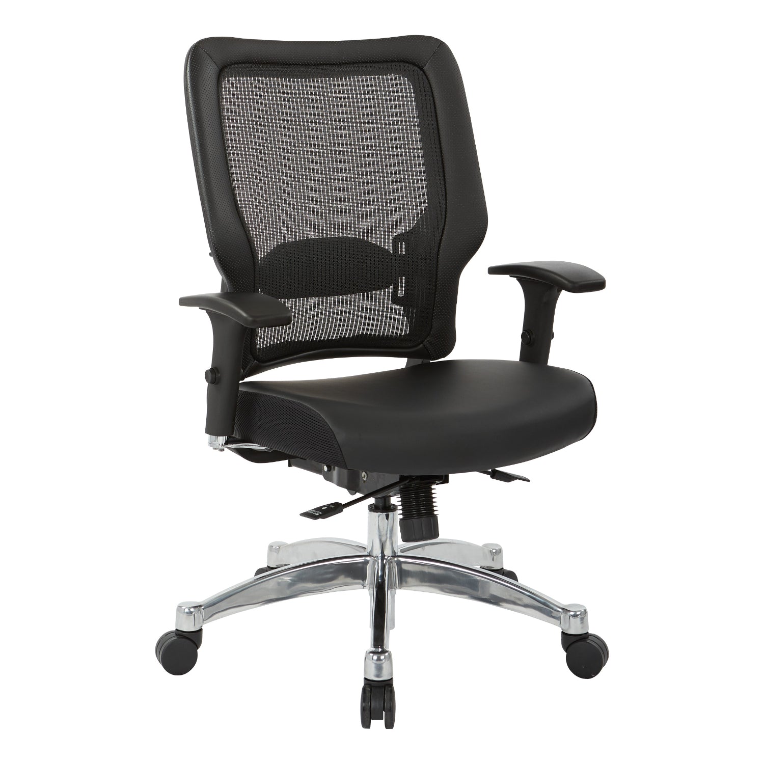 Black Vertical Mesh Back Manager's Chair with Black Bonded Leather Seat, Height Adjustable Chrome Arms, Height and Depth Adjustable Lumbar Support and Polished Aluminum Base