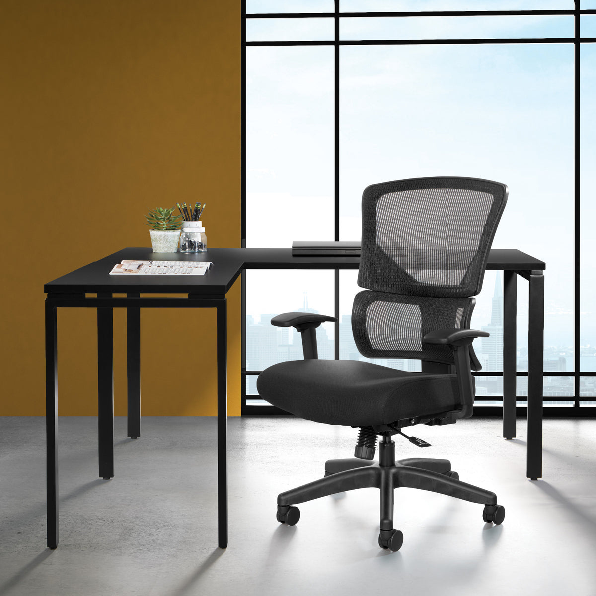 Black Vertical Matrix Back and Black Fabric Seat Manager's Chair with Height Adjustable Back, Self-Adjusting Lumbar Support, Height Adjustable Arms, and Black Nylon Base