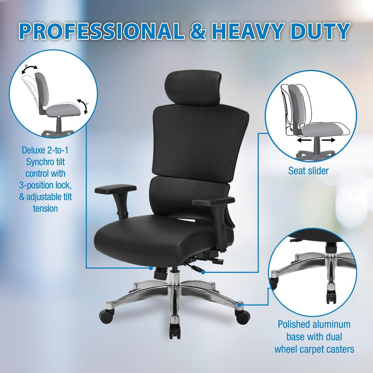 Manager’s Chair with Silver Ion Technology Dillon Black Seat and Back, Height Adjustable Ratchet Back, Self Adjusting Lumbar Support, 4-Way Adjustable Arms, Adjustable Headrest and  Polished Aluminum Base