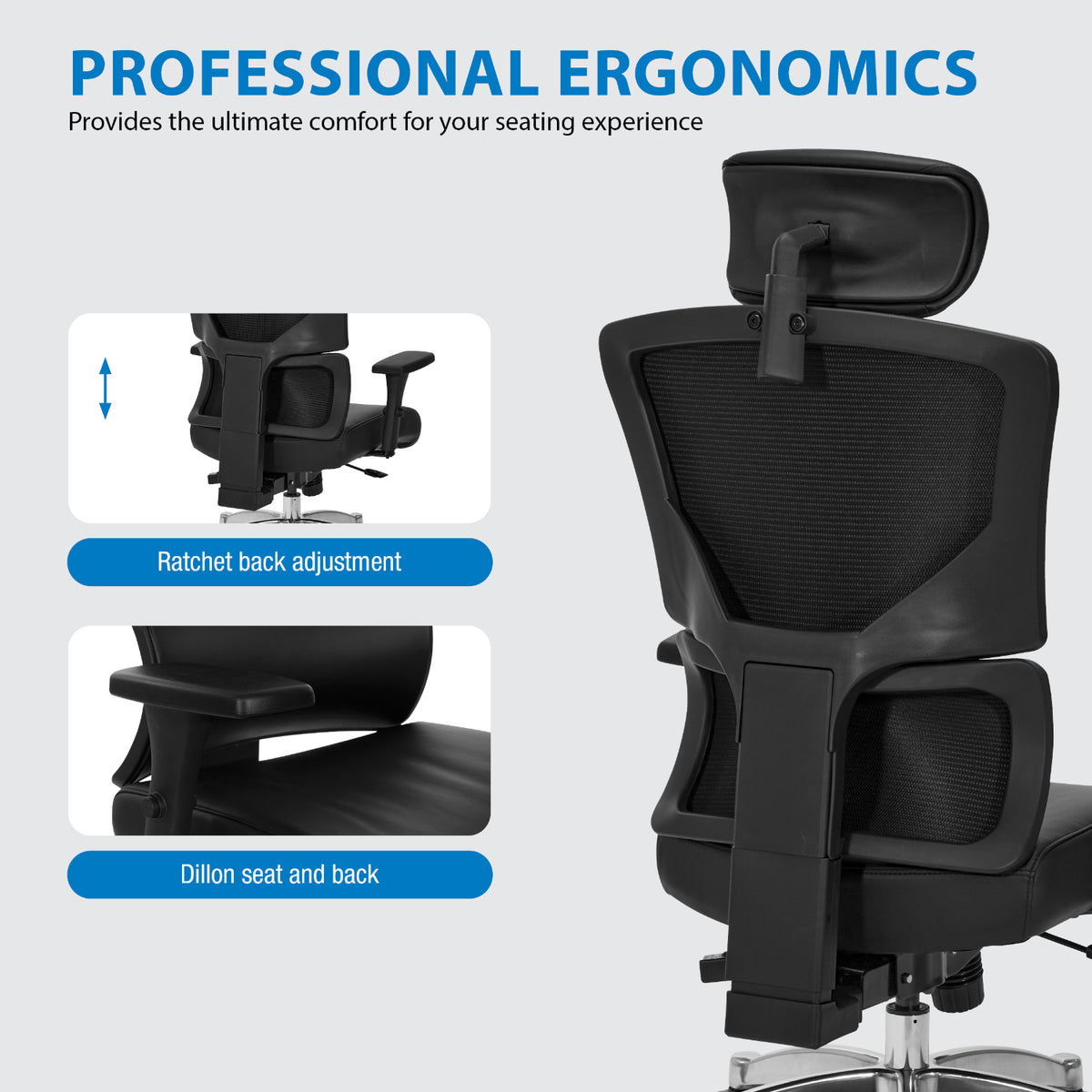 Manager’s Chair with Silver Ion Technology Dillon Black Seat and Back, Height Adjustable Ratchet Back, Self Adjusting Lumbar Support, 4-Way Adjustable Arms, Adjustable Headrest and  Polished Aluminum Base