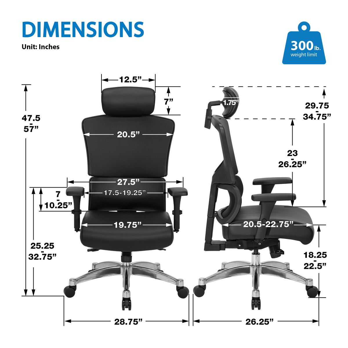 Manager’s Chair with Silver Ion Technology Dillon Black Seat and Back, Height Adjustable Ratchet Back, Self Adjusting Lumbar Support, 4-Way Adjustable Arms, Adjustable Headrest and  Polished Aluminum Base
