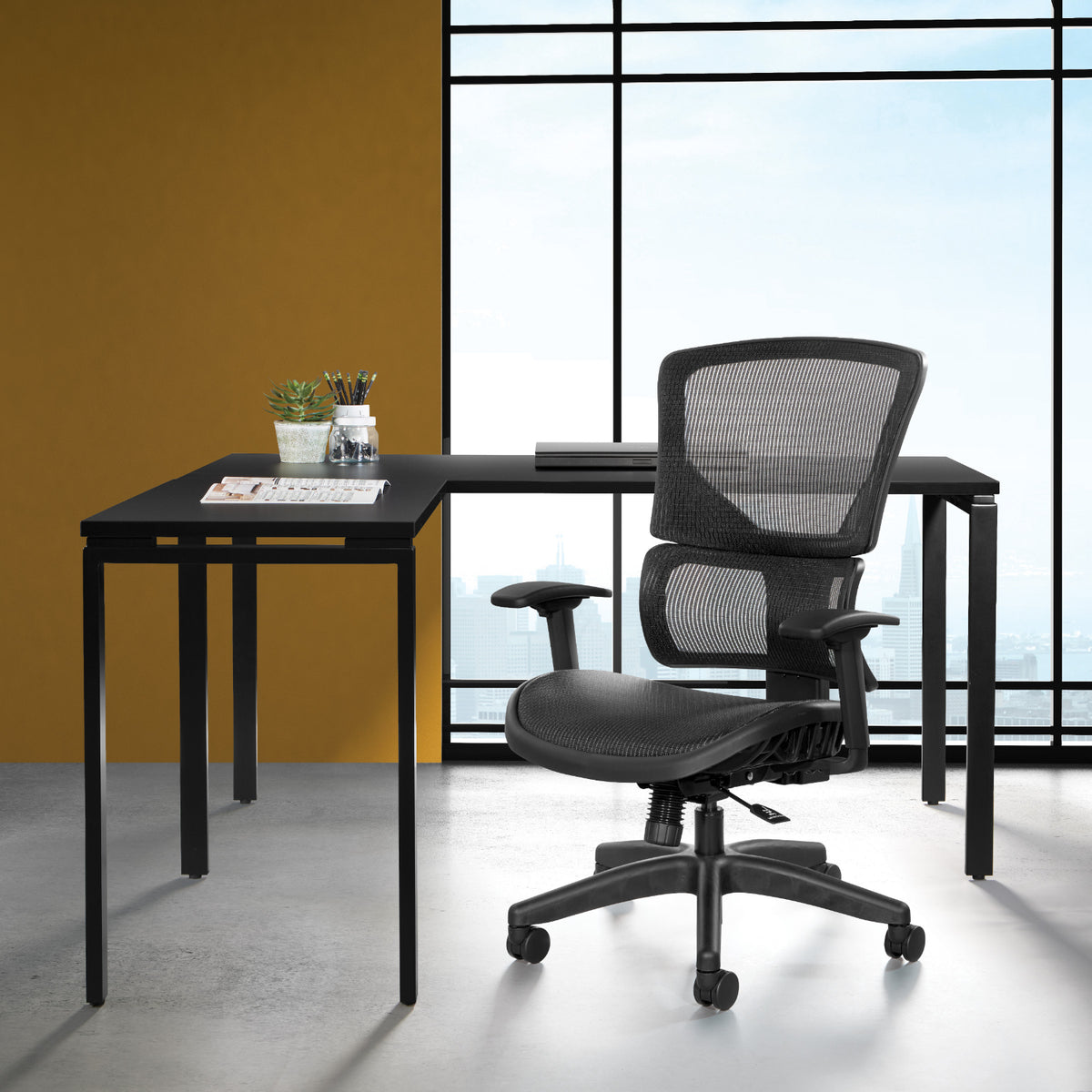 Black Vertical Matrix Seat and Back Manager's Chair with Height Adjustable Back, Self Adjusting Lumbar Support, Height Adjustable Arms, and Black Nylon Base