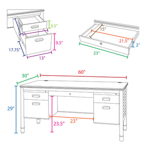 Mesa Metal Double Pedestal Teacher's Desk with Center Drawer, 60" x 30"