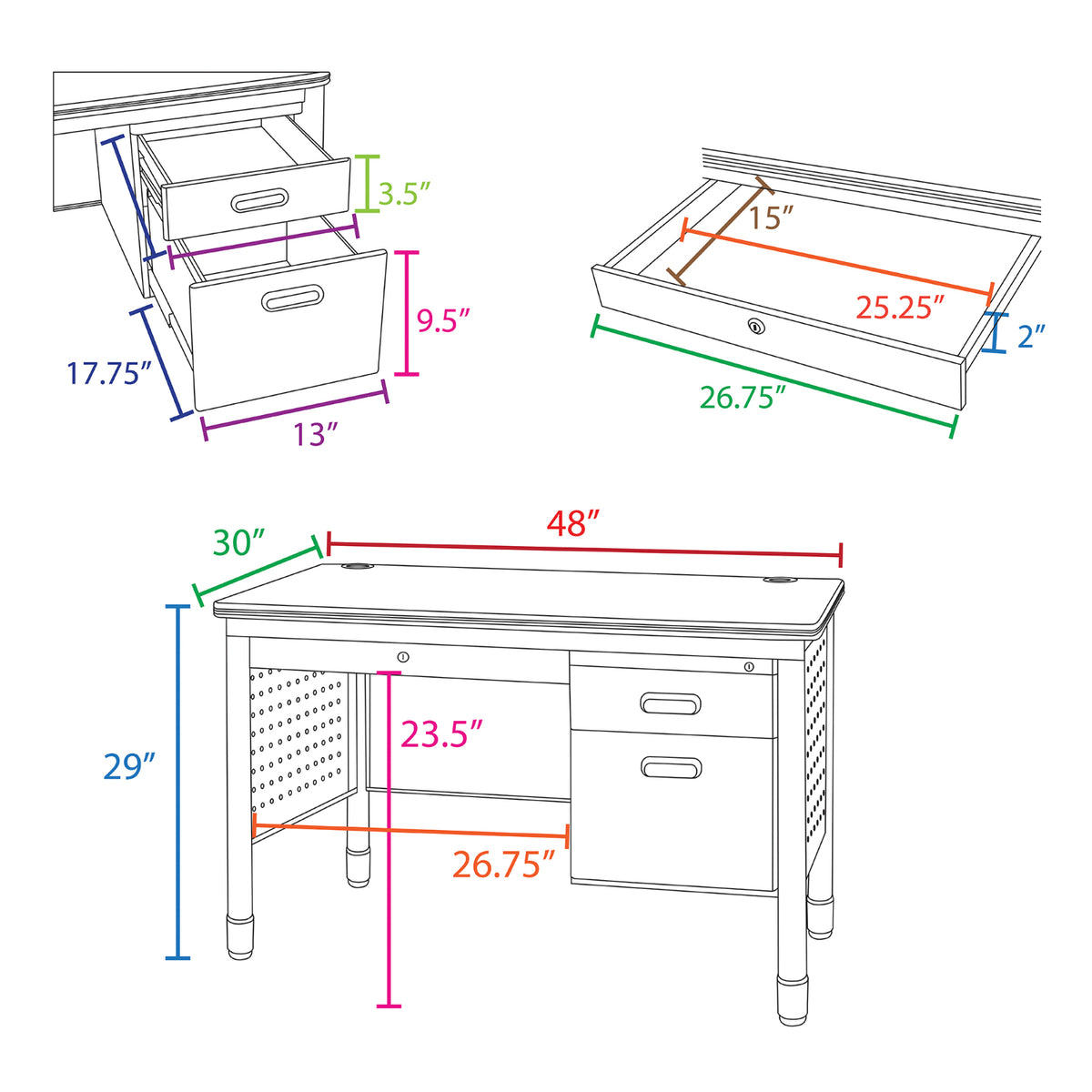 Mesa Metal Single Pedestal Teacher's Desk with Center Drawer, 48" x 30"
