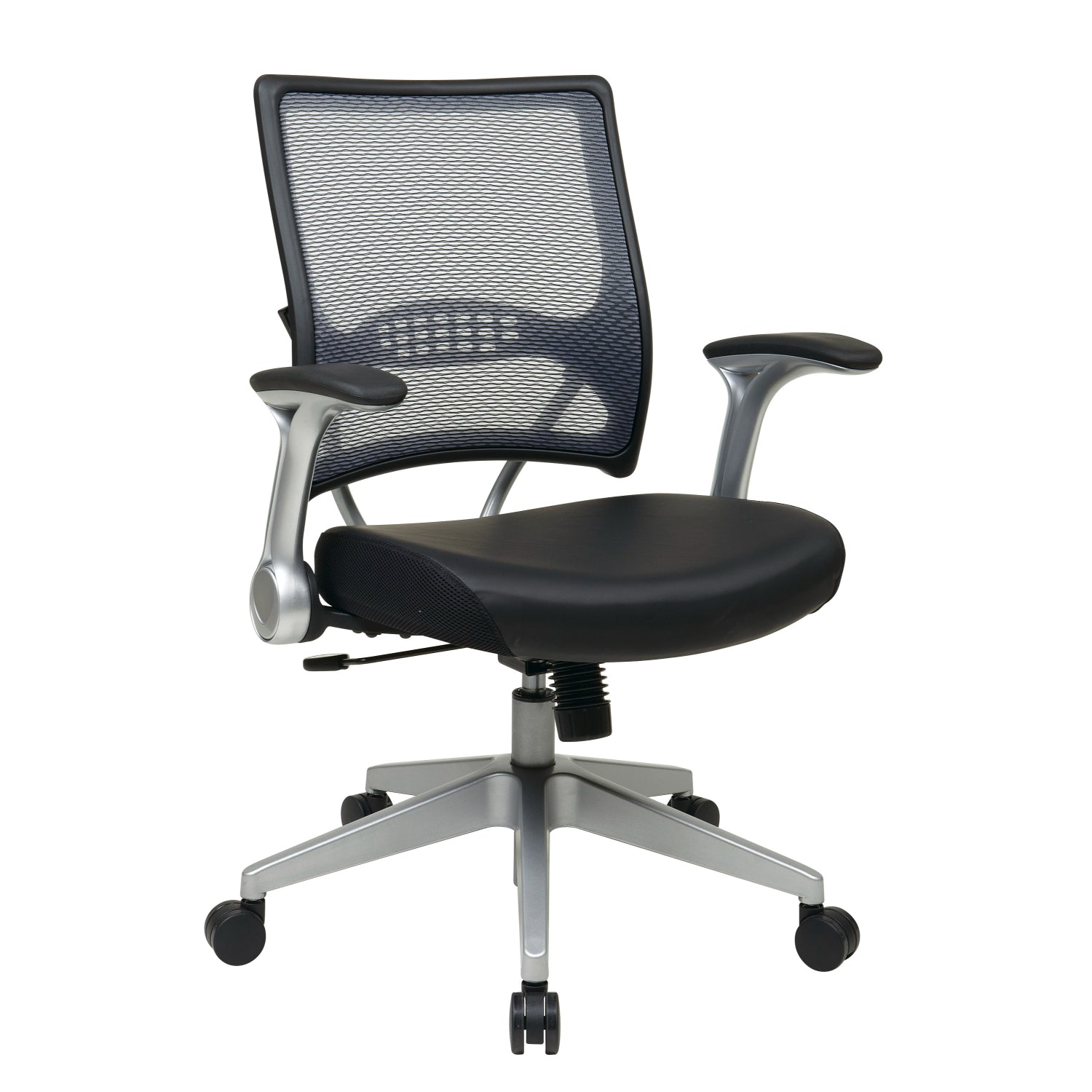 Light Air Grid® Back Manager's Chair with Black Bonded Leather Seat, 2-to-1 Synchro Tilt, Flip Arms and Angled Platinum Finished Nylon Base