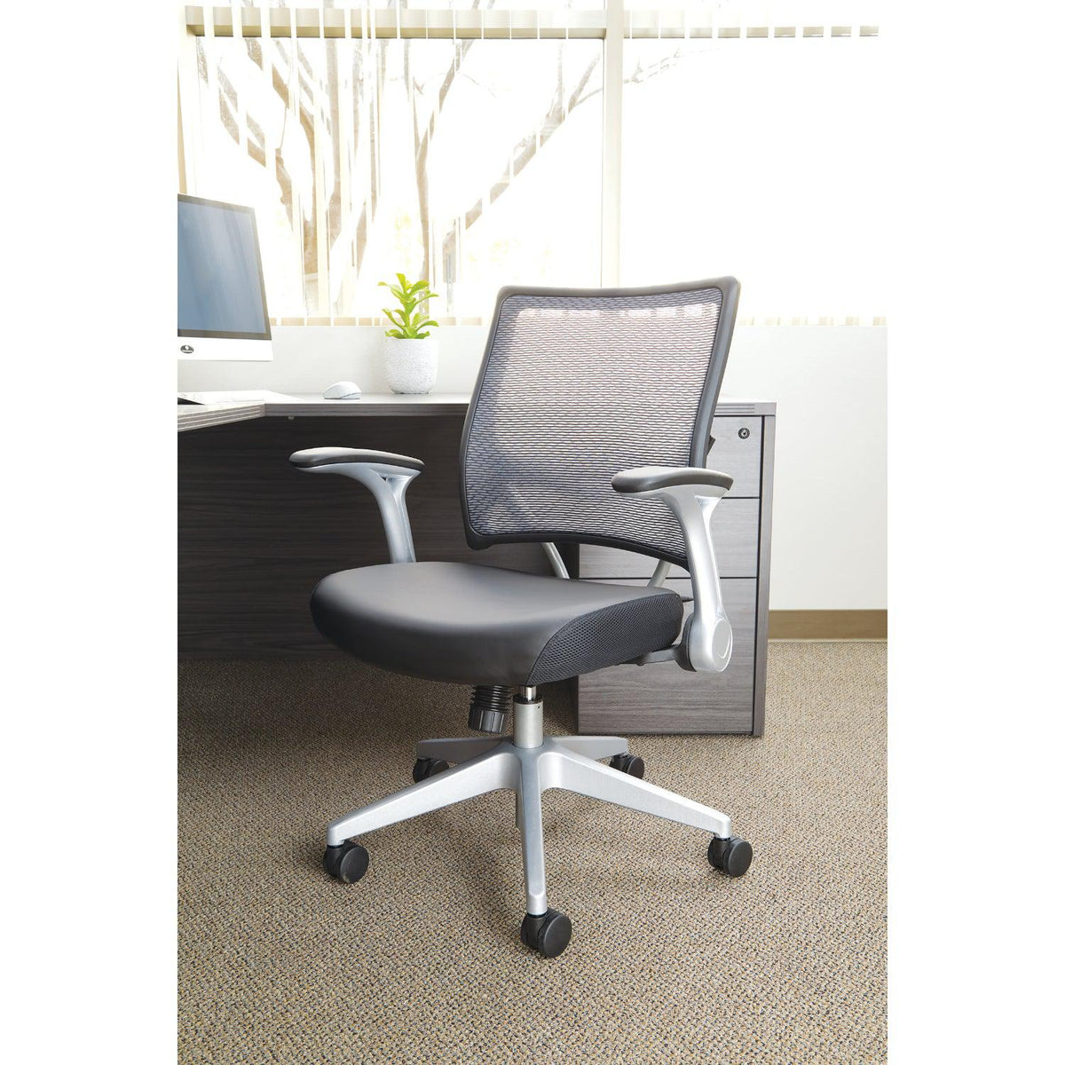 Light Air Grid® Back Manager's Chair with Black Bonded Leather Seat, 2-to-1 Synchro Tilt, Flip Arms and Angled Platinum Finished Nylon Base