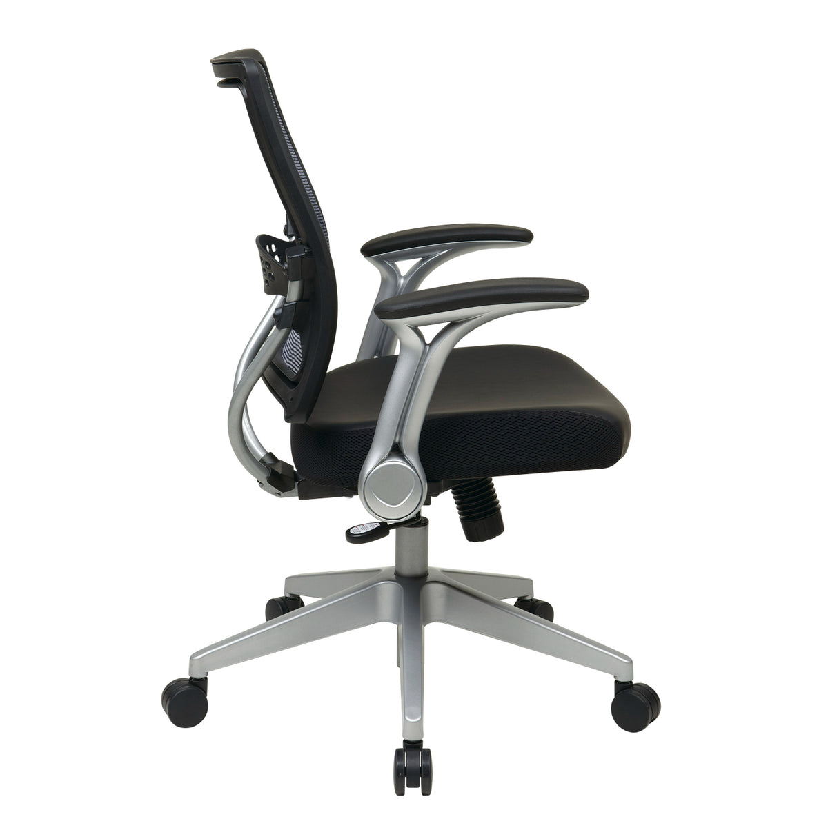 Light Air Grid® Back Manager's Chair with Black Bonded Leather Seat, 2-to-1 Synchro Tilt, Flip Arms and Angled Platinum Finished Nylon Base