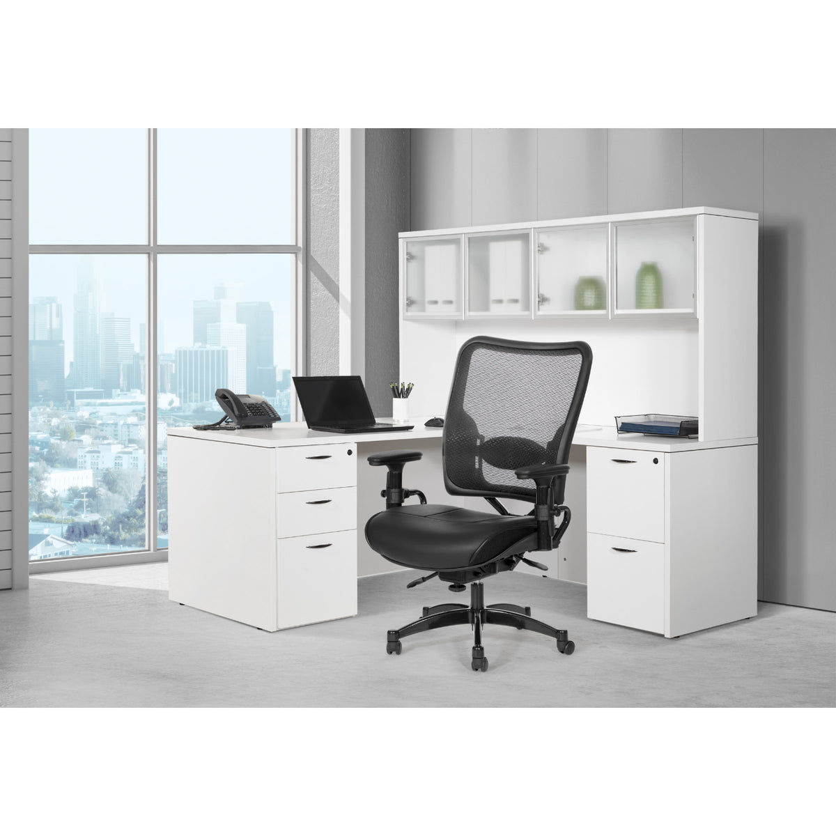 Professional Dual Function Ergonomic Dark Air Grid® Back and Leather Seat Manager's Chair with Adjustable Arms, Adjustable Lumbar and Industrial Steel Finish Base