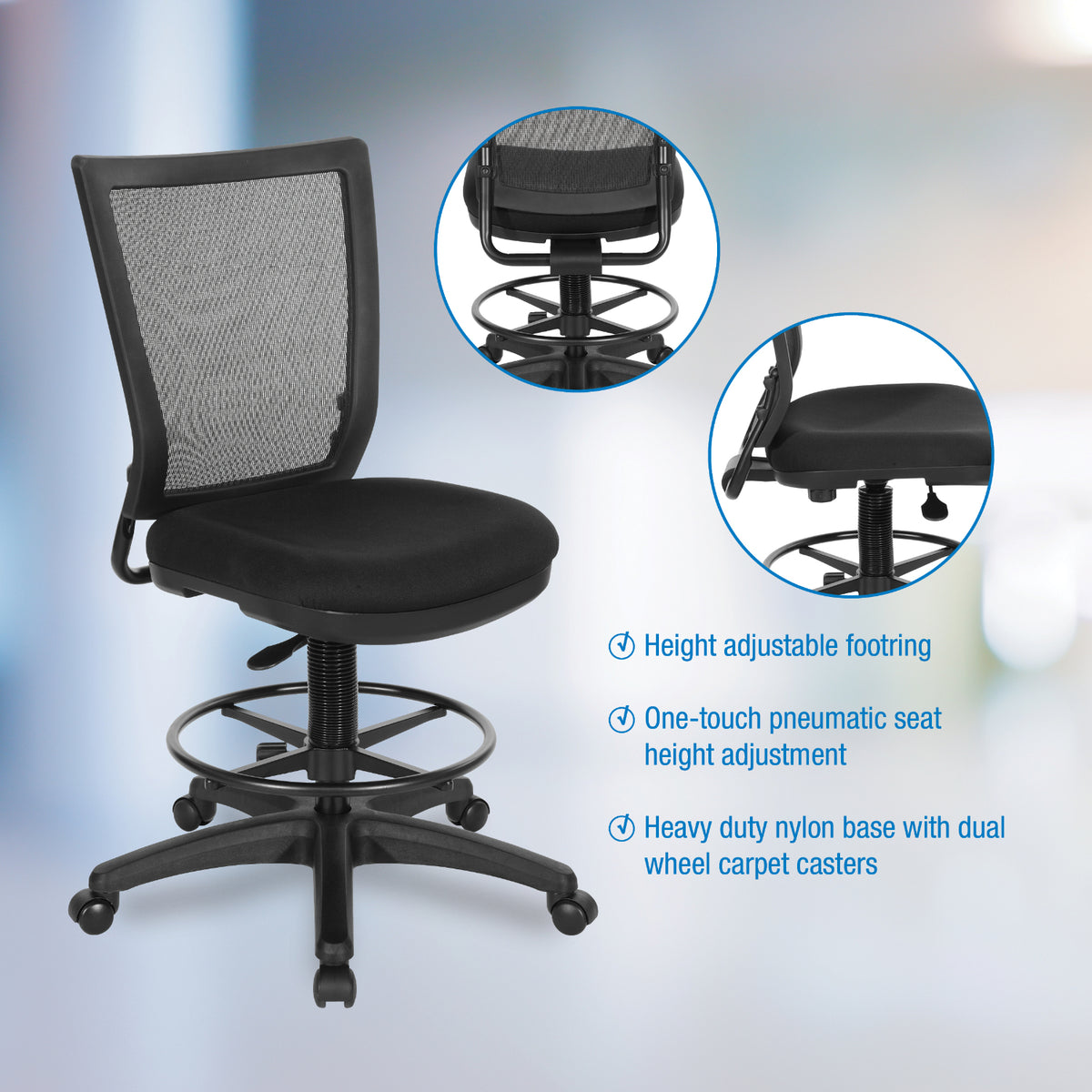 Soft PU Padded Back Frame Drafting Chair with ProGrid® Mesh Back and Adjustable Footring, 7.5" Intermediate Cylinder Travel, FreeFlex® II Padded Fabric Seat
Coal