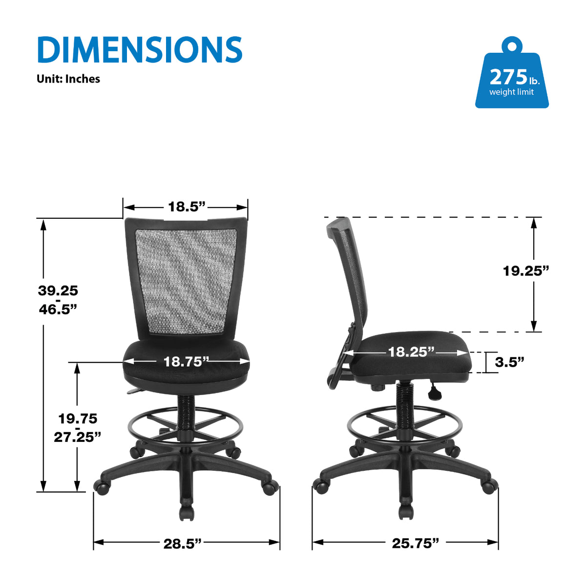 Soft PU Padded Back Frame Drafting Chair with ProGrid® Mesh Back and Adjustable Footring, 7.5" Intermediate Cylinder Travel, FreeFlex® II Padded Fabric Seat
Coal