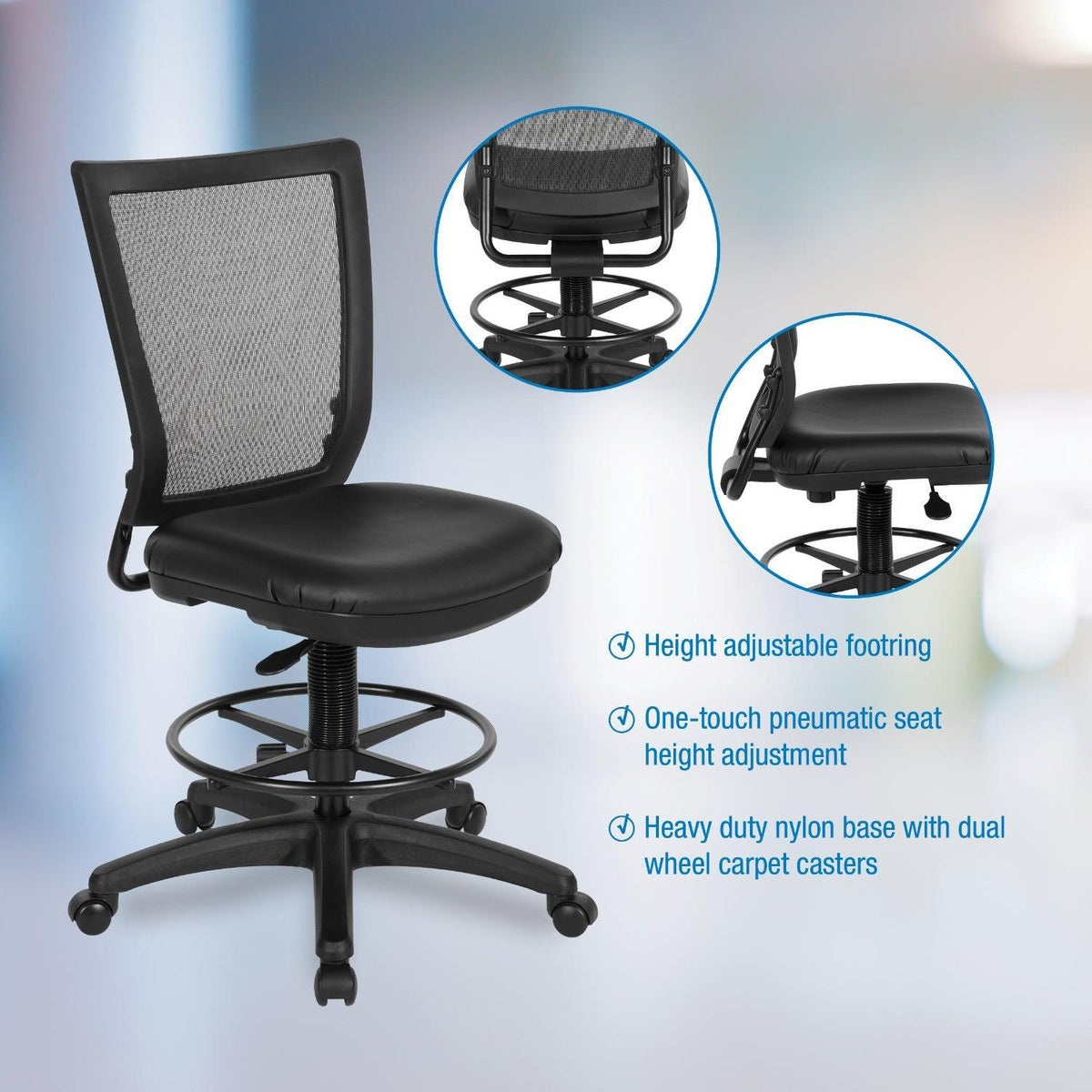 Soft PU Padded Back Frame Drafting Chair with ProGrid® Mesh Back and Adjustable Footring, 7.5" Intermediate Cylinder Travel, Silver Ion Technology Dillon Seat