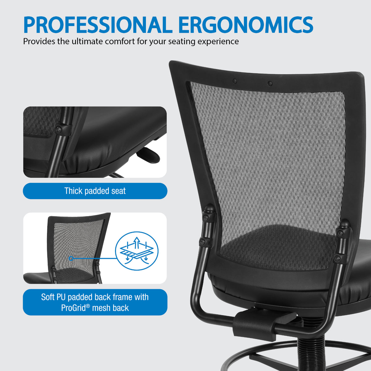 Soft PU Padded Back Frame Drafting Chair with ProGrid® Mesh Back and Adjustable Footring, 7.5" Intermediate Cylinder Travel, Silver Ion Technology Dillon Seat