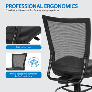 Soft PU Padded Back Frame Drafting Chair with ProGrid® Mesh Back and Adjustable Footring, 7.5" Intermediate Cylinder Travel, Silver Ion Technology Dillon Seat