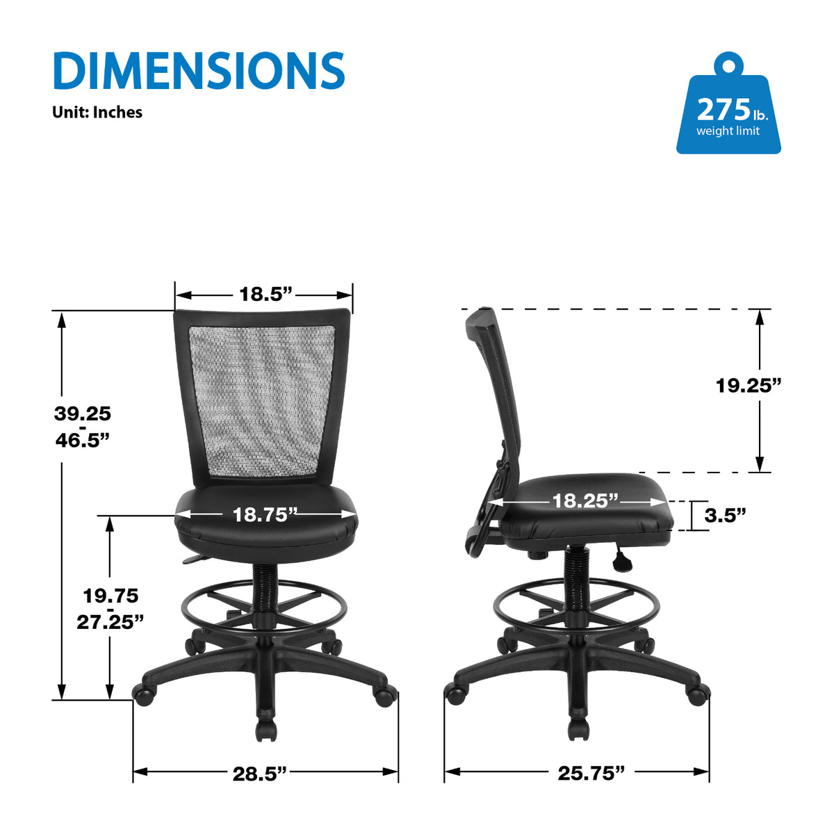 Soft PU Padded Back Frame Drafting Chair with ProGrid® Mesh Back and Adjustable Footring, 7.5" Intermediate Cylinder Travel, Silver Ion Technology Dillon Seat