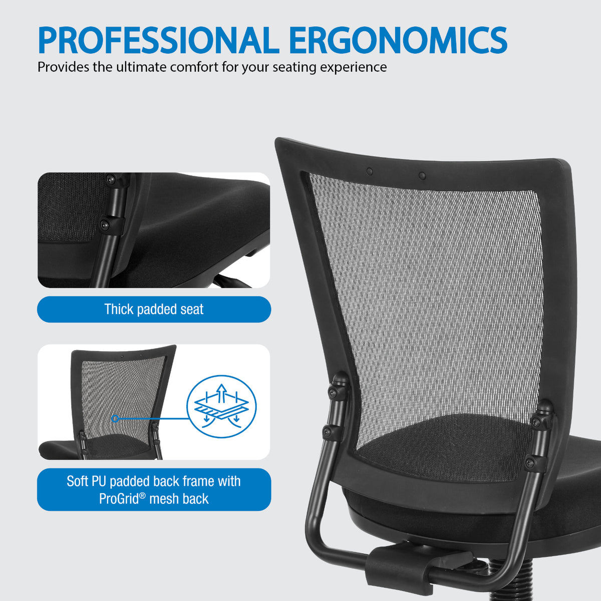 Soft PU Padded Back Frame Drafting Chair with ProGrid® Mesh Back and Adjustable Footring, 10" Full Cylinder Travel, FreeFlex® II Coal Padded Fabric Seat