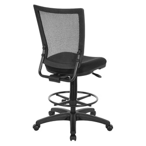 Soft PU Padded Back Frame Drafting Chair with ProGrid® Mesh Back and Adjustable Footring, 10" Full Cylinder Travel, FreeFlex® II Coal Padded Fabric Seat