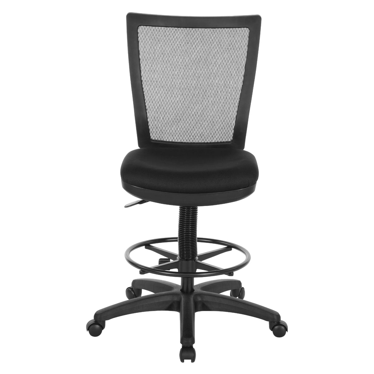 Soft PU Padded Back Frame Drafting Chair with ProGrid® Mesh Back and Adjustable Footring, 10" Full Cylinder Travel, FreeFlex® II Coal Padded Fabric Seat