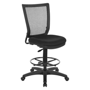 Soft PU Padded Back Frame Drafting Chair with ProGrid® Mesh Back and Adjustable Footring, 10" Full Cylinder Travel, FreeFlex® II Coal Padded Fabric Seat