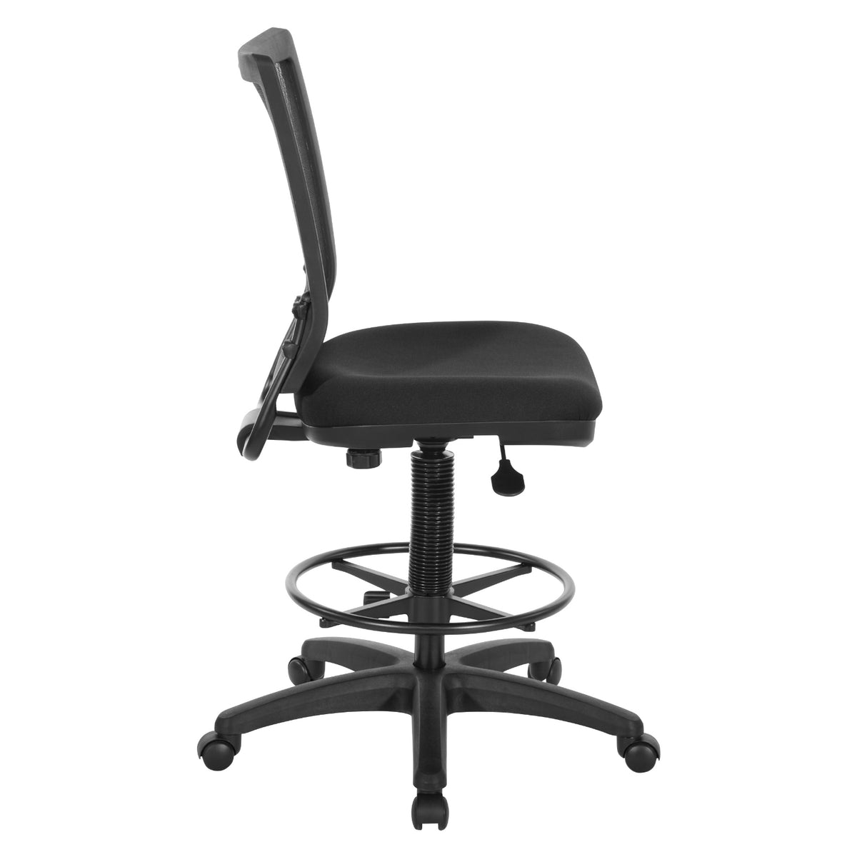 Soft PU Padded Back Frame Drafting Chair with ProGrid® Mesh Back and Adjustable Footring, 10" Full Cylinder Travel, FreeFlex® II Coal Padded Fabric Seat