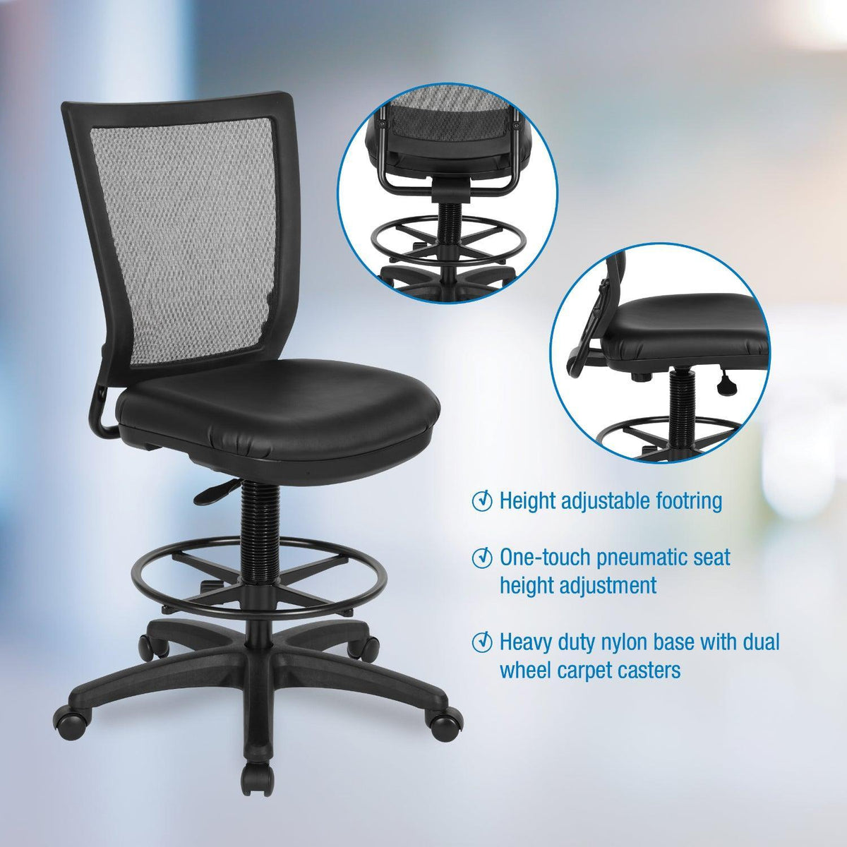 Soft PU Padded Back Frame Drafting Chair with ProGrid® Mesh Back and Adjustable Footring, 10" Full Cylinder Travel, Silver Ion Technology Dillon Padded Seat