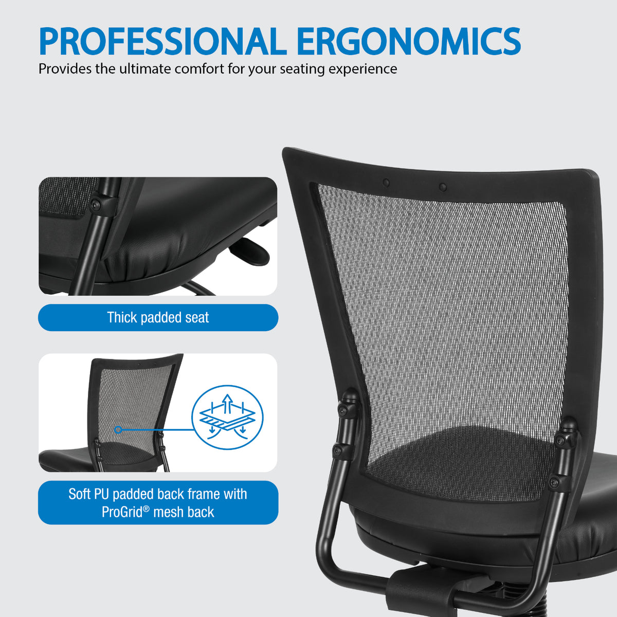 Soft PU Padded Back Frame Drafting Chair with ProGrid® Mesh Back and Adjustable Footring, 10" Full Cylinder Travel, Silver Ion Technology Dillon Padded Seat