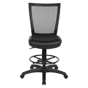Soft PU Padded Back Frame Drafting Chair with ProGrid® Mesh Back and Adjustable Footring, 10" Full Cylinder Travel, Silver Ion Technology Dillon Padded Seat