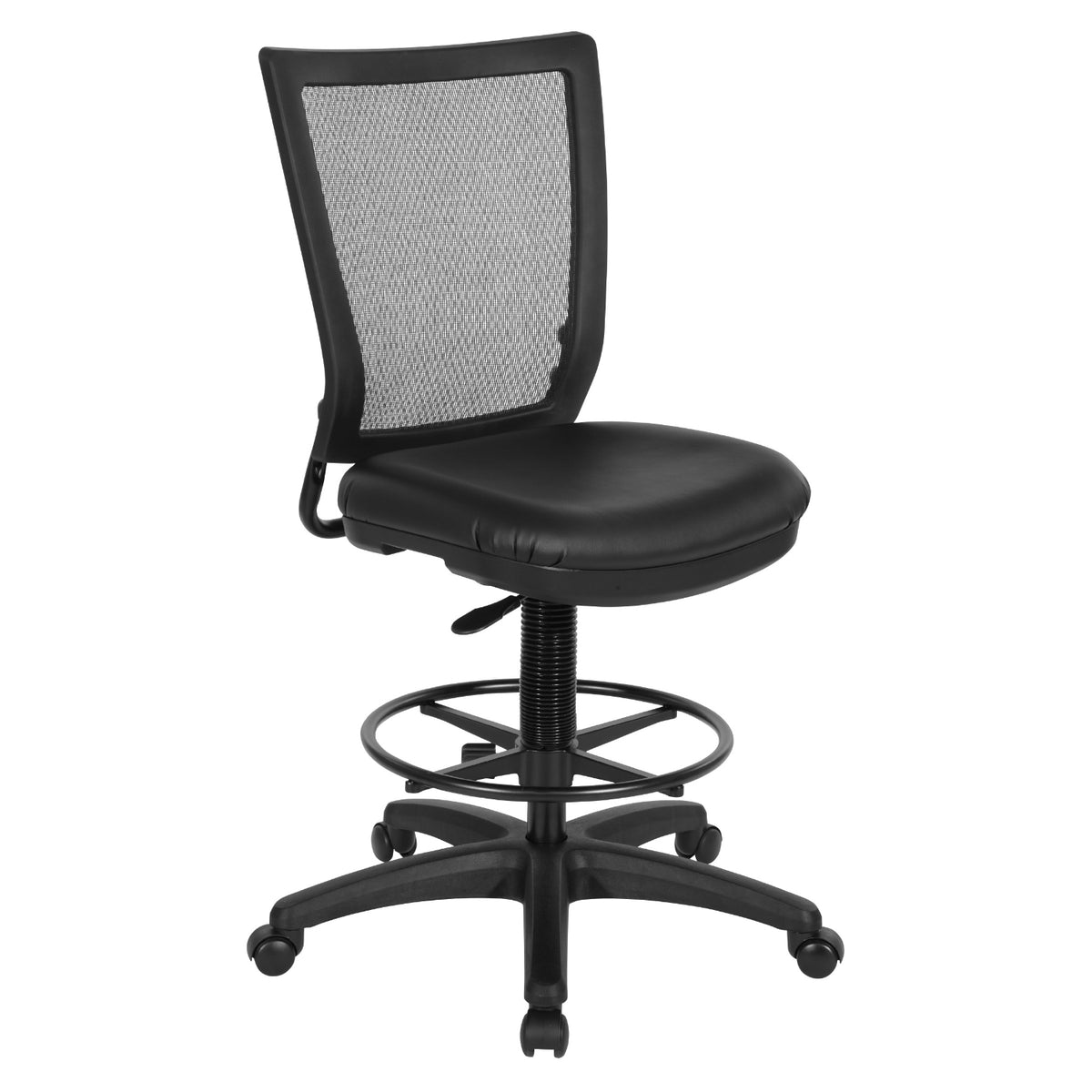 Soft PU Padded Back Frame Drafting Chair with ProGrid® Mesh Back and Adjustable Footring, 10" Full Cylinder Travel, Silver Ion Technology Dillon Padded Seat