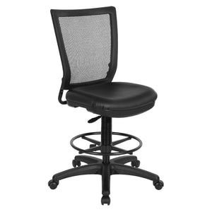 Soft PU Padded Back Frame Drafting Chair with ProGrid® Mesh Back and Adjustable Footring, 10" Full Cylinder Travel, Silver Ion Technology Dillon Padded Seat