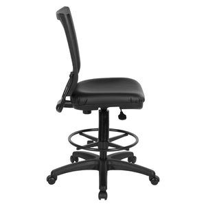 Soft PU Padded Back Frame Drafting Chair with ProGrid® Mesh Back and Adjustable Footring, 10" Full Cylinder Travel, Silver Ion Technology Dillon Padded Seat
