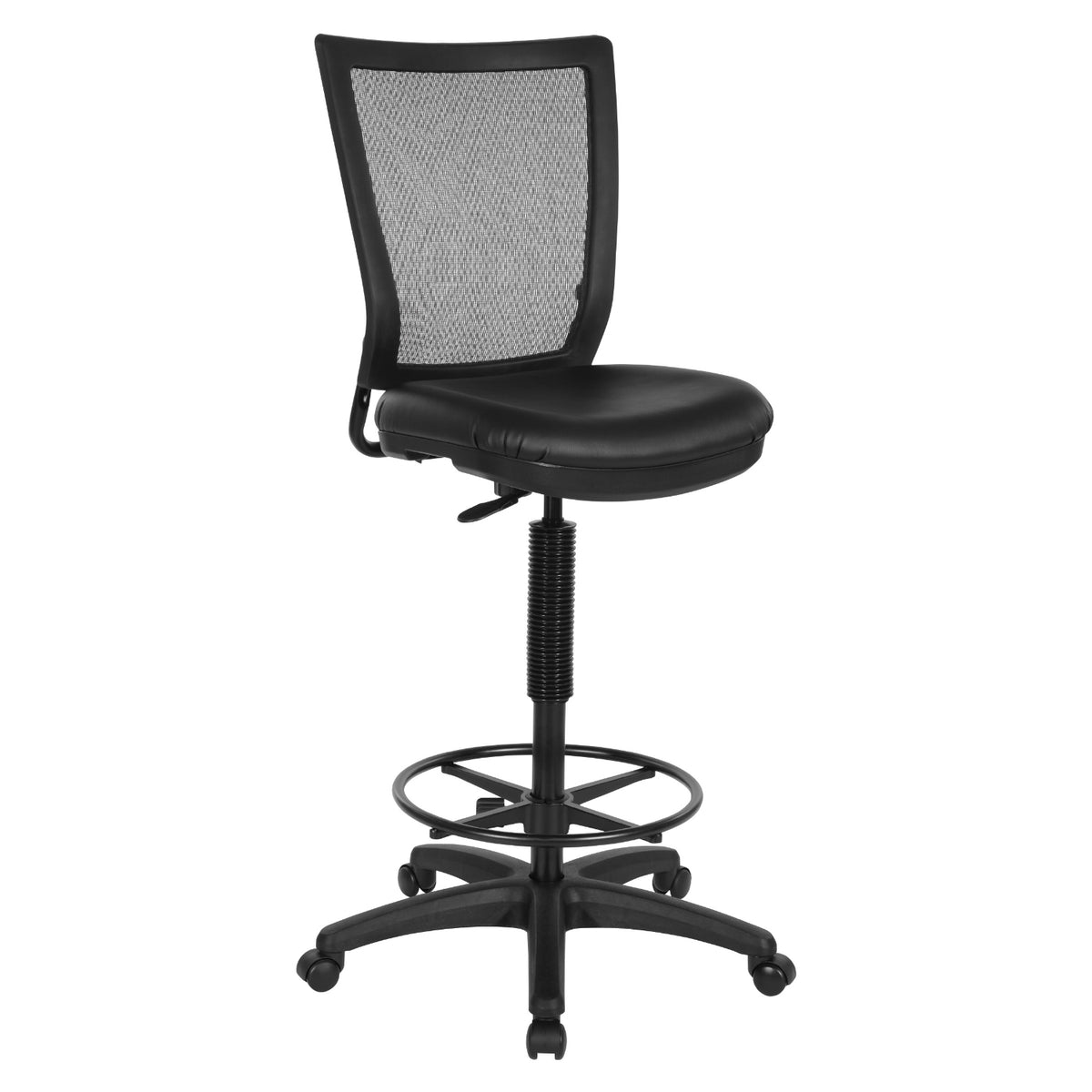 Soft PU Padded Back Frame Drafting Chair with ProGrid® Mesh Back and Adjustable Footring, 10" Full Cylinder Travel, Silver Ion Technology Dillon Padded Seat