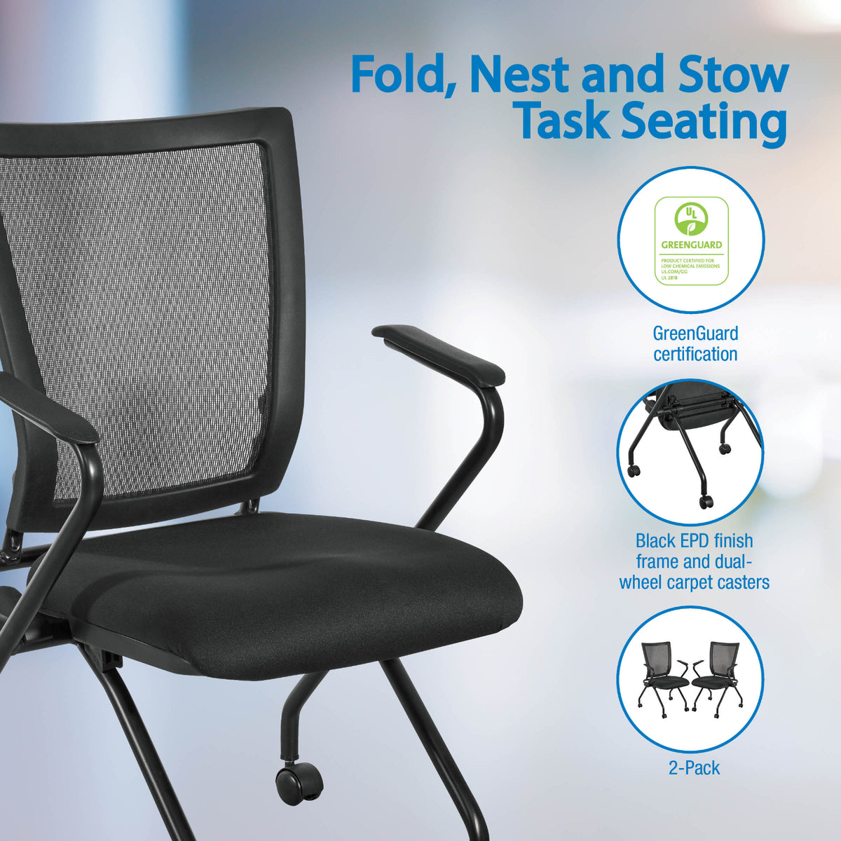 Soft Frame PU Padded ProGrid® Back Folding/Nesting Chair with Arms, FreeFlex® II Coal Padded Fabric Seat (2-Pack)