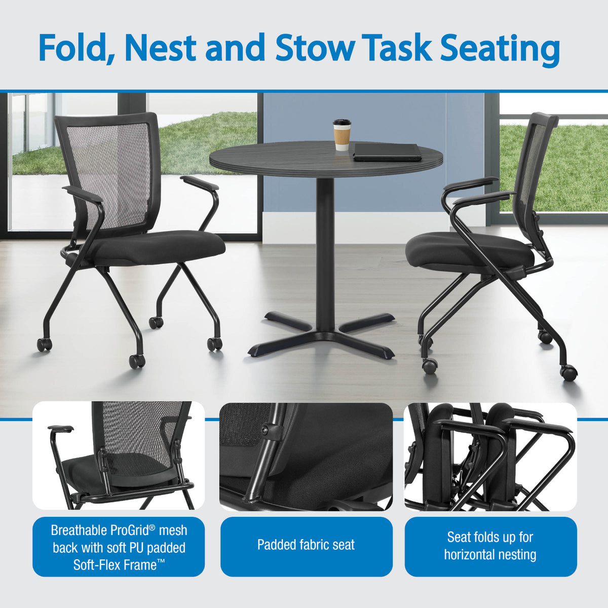Soft Frame PU Padded ProGrid® Back Folding/Nesting Chair with Arms, FreeFlex® II Coal Padded Fabric Seat (2-Pack)