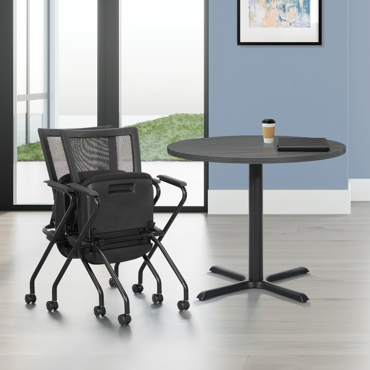 Soft Frame PU Padded ProGrid® Back Folding/Nesting Chair with Arms, FreeFlex® II Coal Padded Fabric Seat (2-Pack)